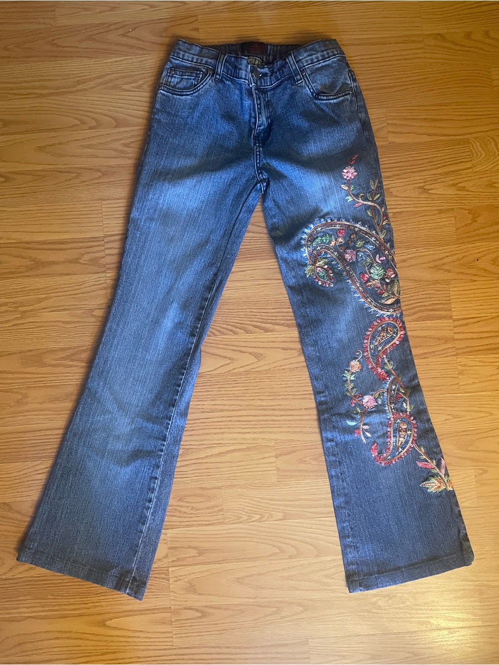 Willi Smith Dark Blue Flare Jeans with Multicolor Paisley Embroidery